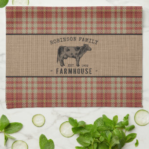 Family Farmhouse Rustic Cow Red Plaid Burlap Tea Towel