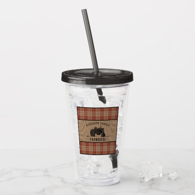 Family Farmhouse Rustic Tractor Red Plaid Burlap Acrylic Tumbler (Front Ice)