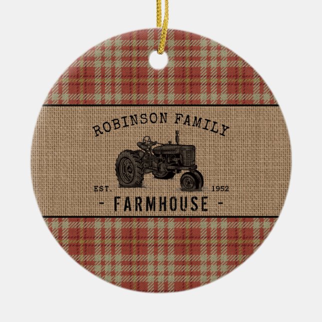 Family Farmhouse Rustic Tractor Red Plaid Burlap Ceramic Ornament (Front)