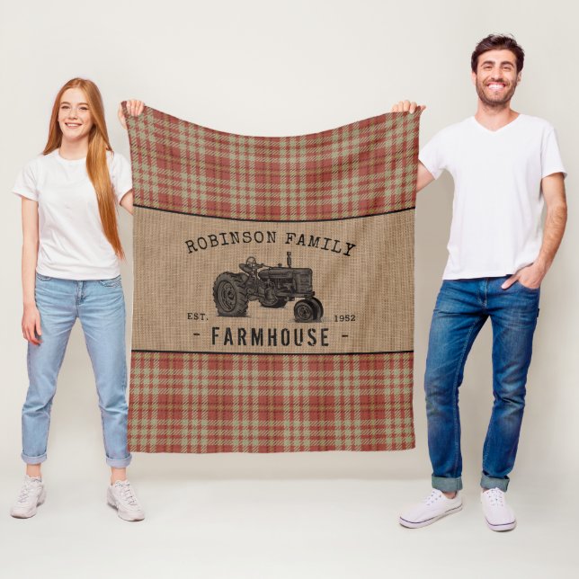 Family Farmhouse Rustic Tractor Red Plaid Burlap Fleece Blanket (In Situ)
