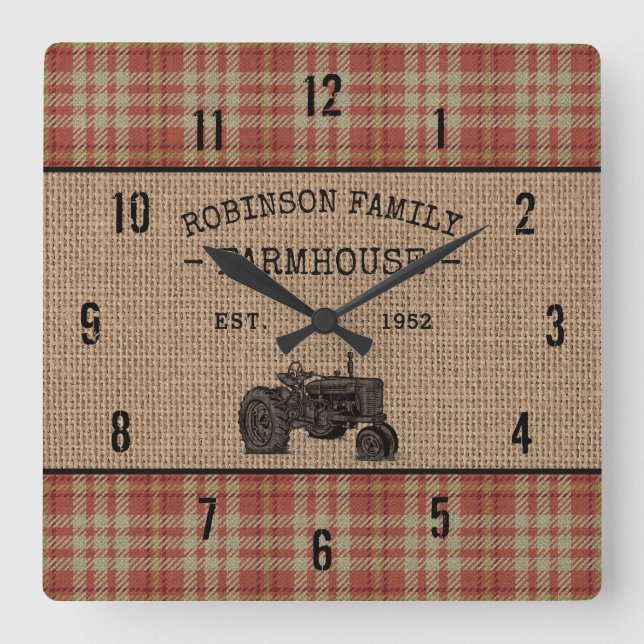 Family Farmhouse Rustic Tractor Red Plaid Burlap Square Wall Clock (Front)