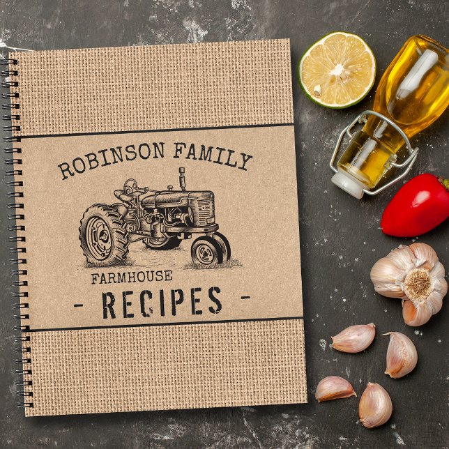 Family Farmhouse Tractor Burlap Kraft Recipe Notebook (Several sizes and page designs to choose from)