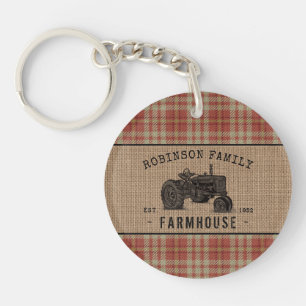 Family Farmhouse Tractor Red Plaid Burlap 2 Sided Key Ring