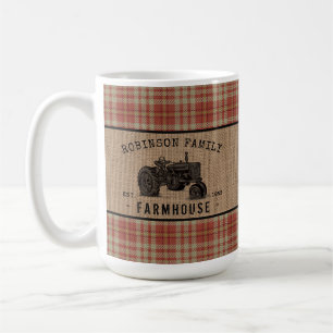 Family Farmhouse Tractor Red Plaid Burlap Large Coffee Mug