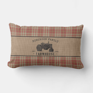 Family Farmhouse Tractor Red Plaid Burlap Patio Lumbar Cushion