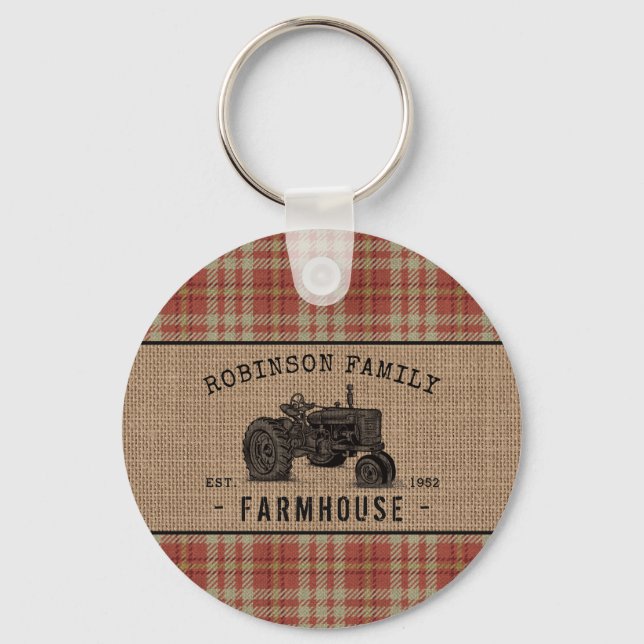 Family Farmhouse Tractor Red Plaid Burlap Round Key Ring (Front)