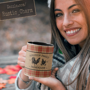 Family Farmhouse Vintage Red Plaid Burlap 2 Tone Mug