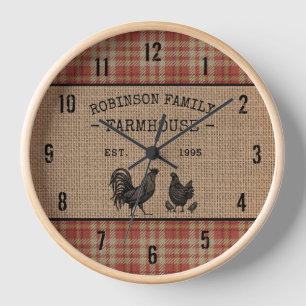 Family Farmhouse Vintage Red Plaid Burlap Clock