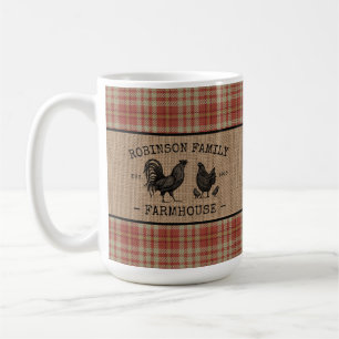 Family Farmhouse Vintage Red Plaid Burlap Large Coffee Mug