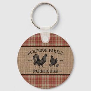 Family Farmhouse Vintage Red Plaid Burlap Round Key Ring