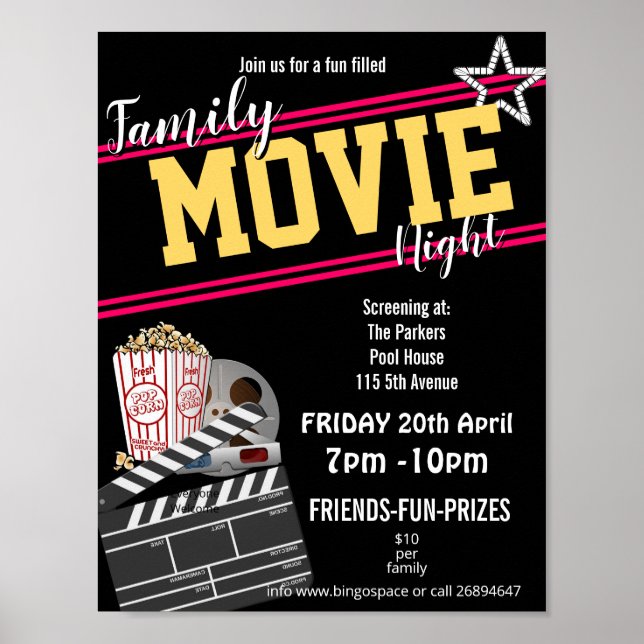 Family film night, movie night party PTA event PTO Poster (Front)