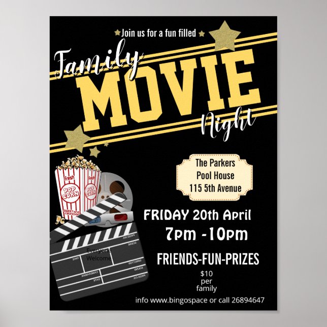 Family film night, movie night party PTA event PTO Poster (Front)