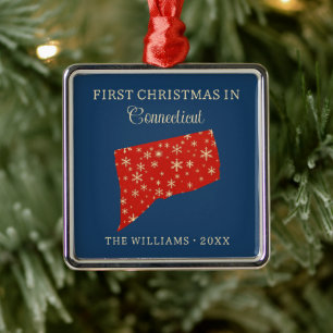 Family First Christmas In Connecticut USA State Metal Ornament