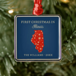 Family First Christmas In Illinois USA State Metal Ornament