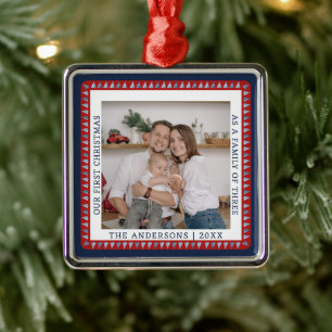 Family First Christmas Photo Modern Metal Ornament