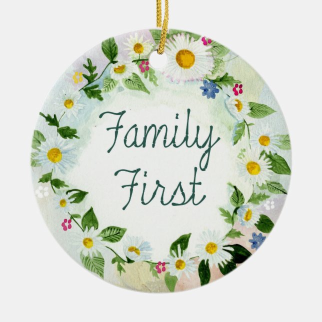 Family First Floral Daisy Chain Colourful Garden Ceramic Ornament (Front)