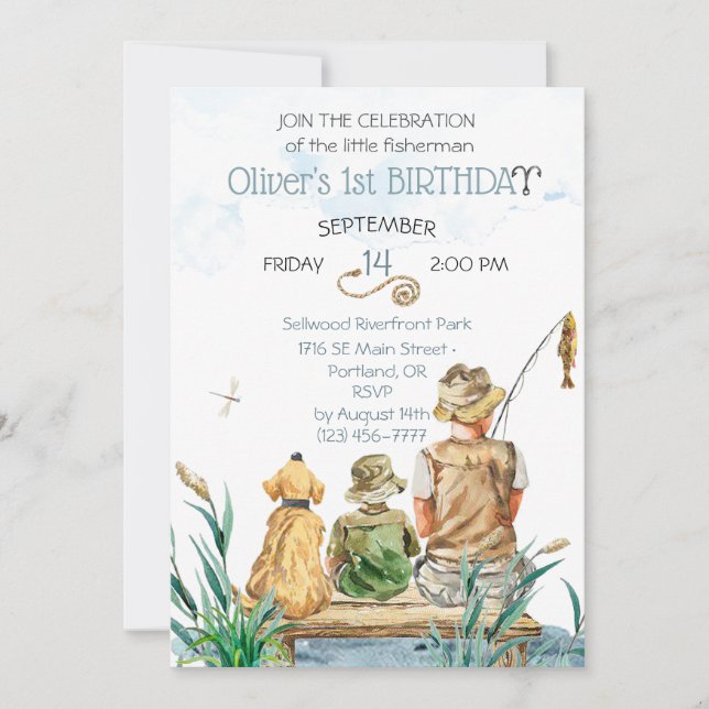 Family fishing trip: A Boy's 1st Birthday Invitation (Front)
