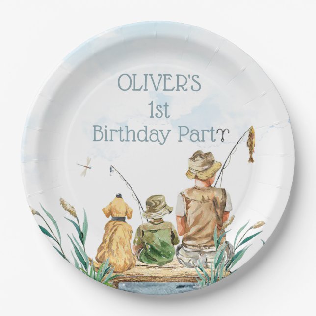 Family fishing trip: A Boy's 1st Birthday Paper Plate (Front)
