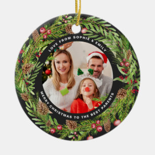 Family foliage wreath photo Christmas black  Ceramic Ornament