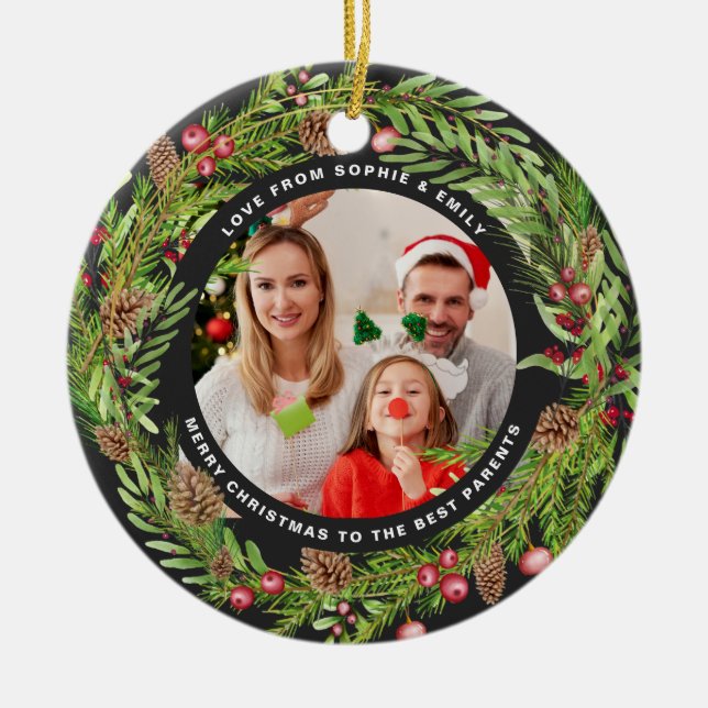 Family foliage wreath photo Christmas black  Ceramic Ornament (Front)
