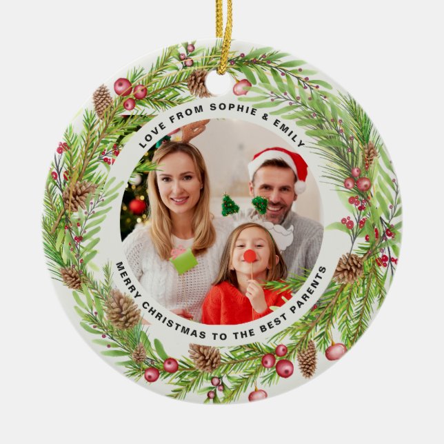 Family foliage wreath photo Christmas elegant Ceramic Ornament (Front)