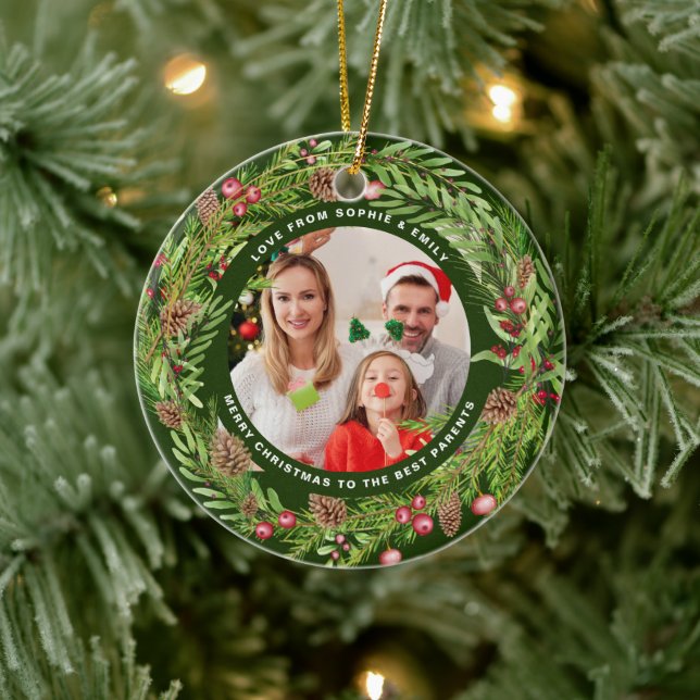 Family foliage wreath photo Christmas Green Ceramic Ornament (Tree)