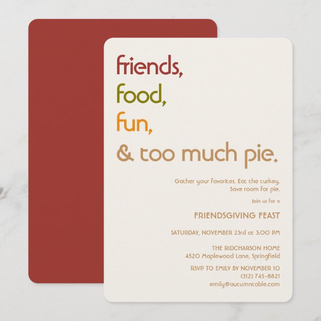 Family, Friends, Turkey, Pie Modern friendsgiving Invitation (Front/Back)