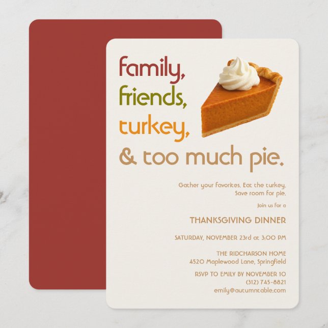 Family, Friends, Turkey, Pie Modern Thanksgiving Invitation (Front/Back)