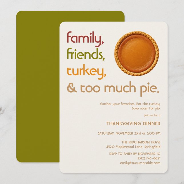 Family, Friends, Turkey, Pie Modern Thanksgiving Invitation (Front/Back)