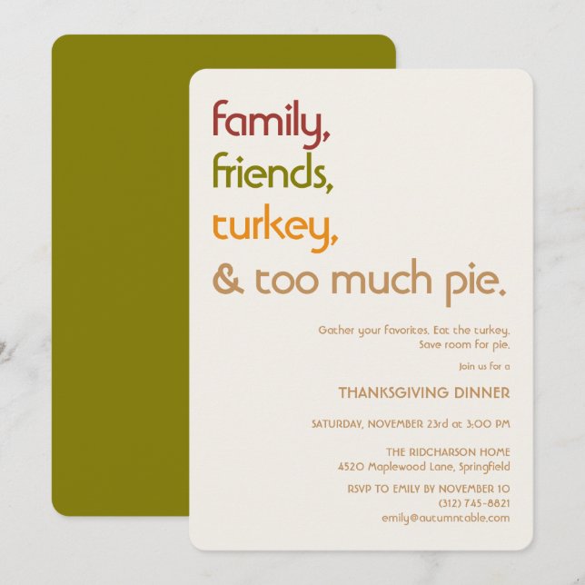 Family, Friends, Turkey, Pie Modern Thanksgiving Invitation (Front/Back)