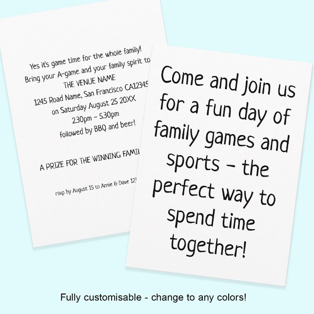 Family Games Day Slogan Large Text Any Colour Invitation (Front and back view)