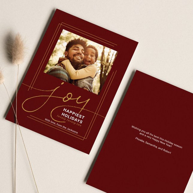 Family Greetings Photo Script Joy Christmas Holiday Card (Joy Christmas Family Photo Greetings Card)