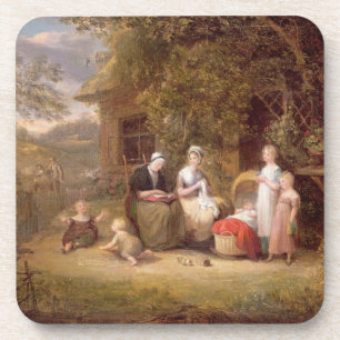 Family Group before a Thatched Cottage (oil on can Coaster