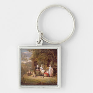 Family Group before a Thatched Cottage (oil on can Key Ring