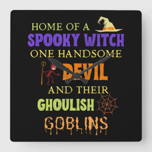 Family Halloween Quote With Witch Devil Spider Square Wall Clock