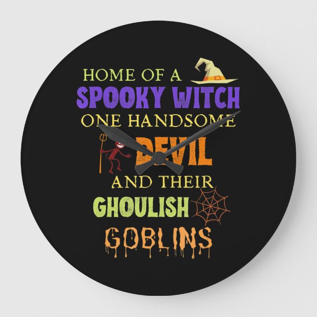 Family Halloween Quote With Witch Devil Spider Web Large Clock (Front)