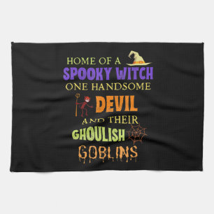 Family Halloween Quote With Witch Devil Spider Web Tea Towel