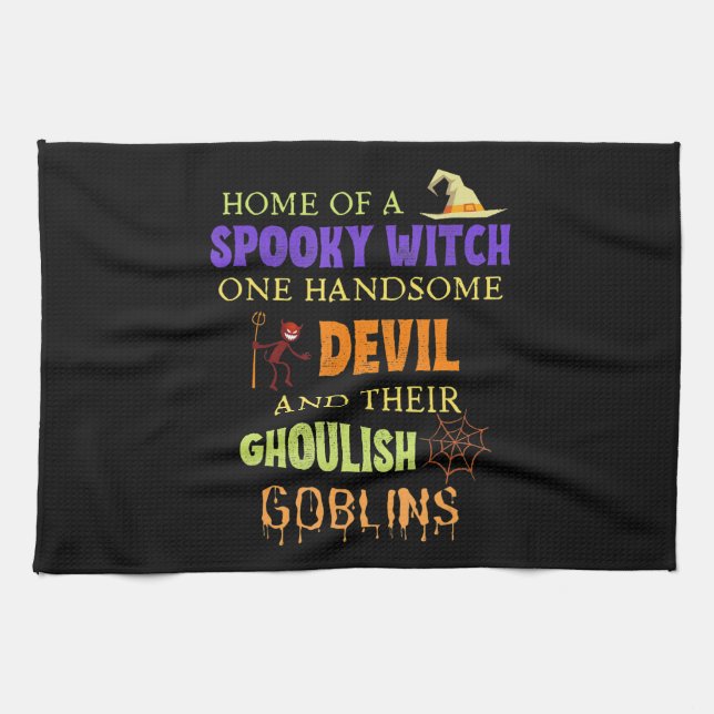 Family Halloween Quote With Witch Devil Spider Web Tea Towel (Horizontal)