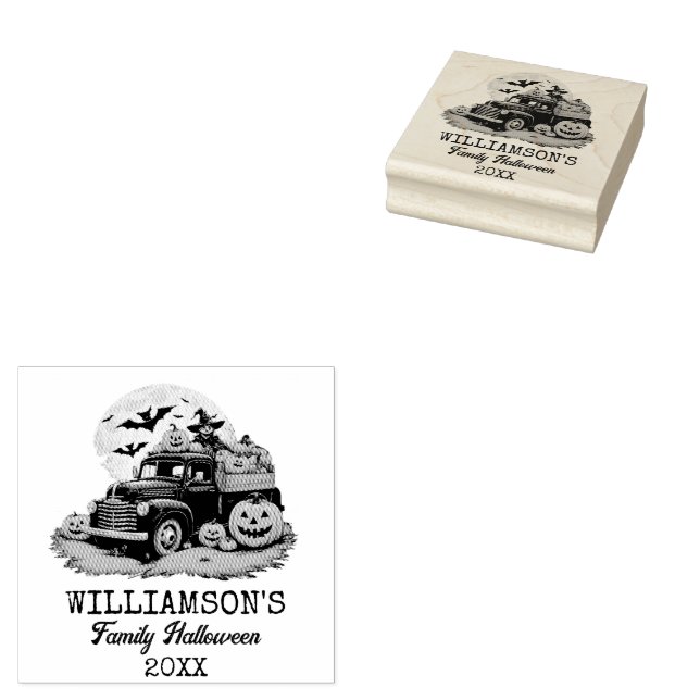 Family halloween Vintage Truck Personalised Rubber Stamp (Stamped)