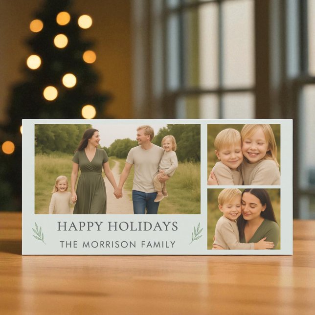 Family Happy Holidays 3 Photo Elegant Botanical  Holiday Card (Creator Uploaded)