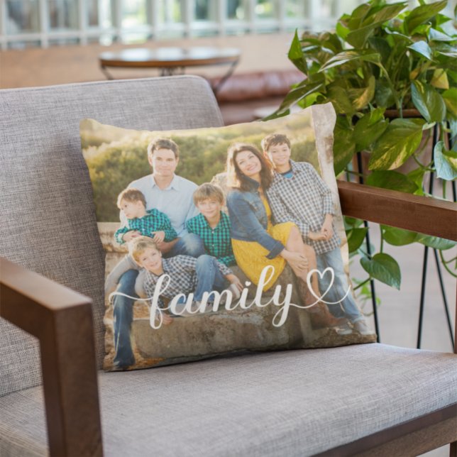 Family Heart Script Photo White Text Cushion (Creator Uploaded)