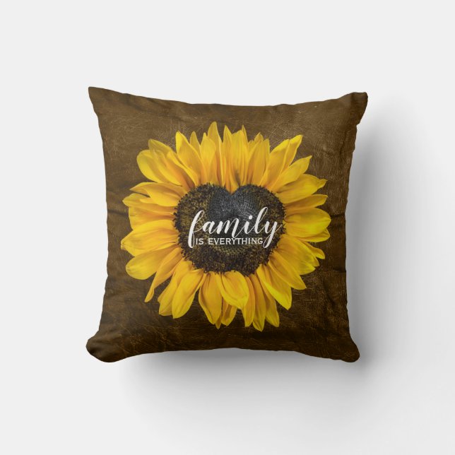 Family Heart Sunflower on Brown Leather Cushion (Front)