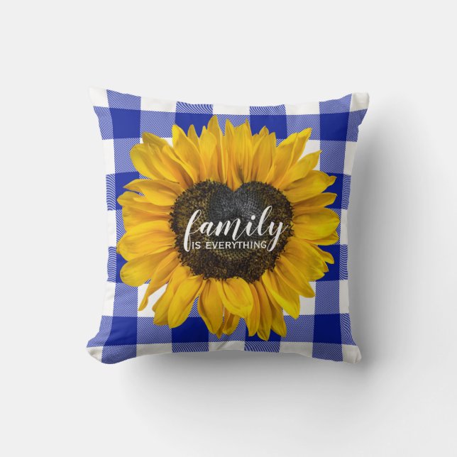 Family Heart Sunflower on Buffalo Plaid  Cushion (Front)