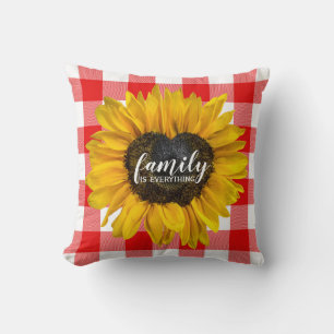 Family Heart Sunflower on Buffalo Plaid   Cushion