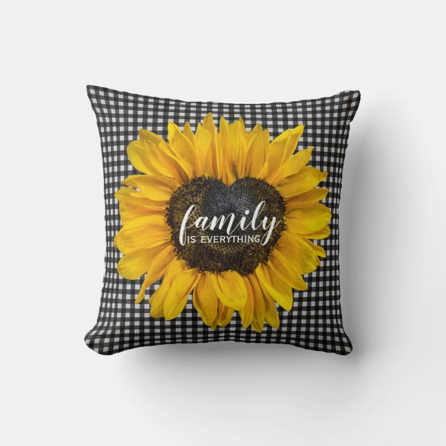 Family Heart Sunflower on Gingham   Cushion (Front)