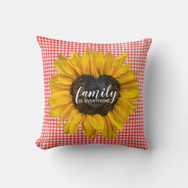 Family Heart Sunflower on Gingham  Cushion (Front)