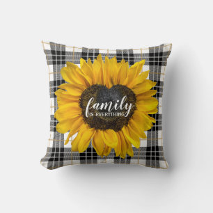 Family Heart Sunflower on Tartan Plaid Cushion