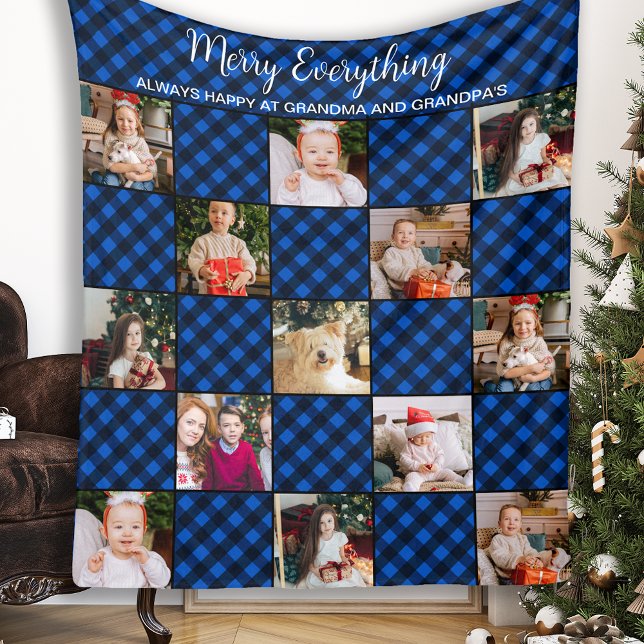 Family Holiday Blue Patchwork Plaid Photo Collage Fleece Blanket (Creator Uploaded)
