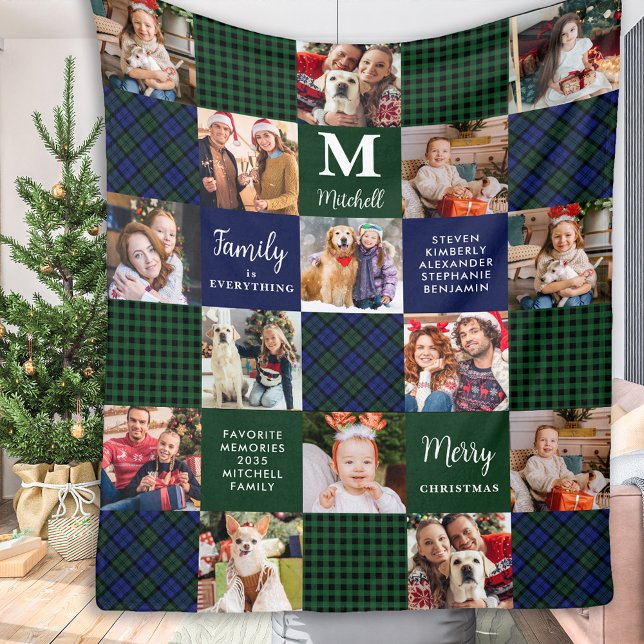 Family Holiday Custom Patchwork Plaid 15 Photos Fleece Blanket (Creator Uploaded)