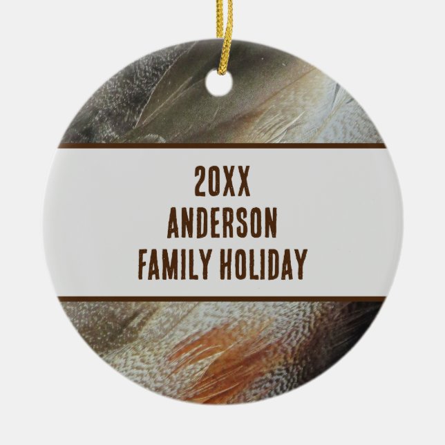 Family Holiday Feather Photo Reunion Keepsake Ceramic Ornament (Front)